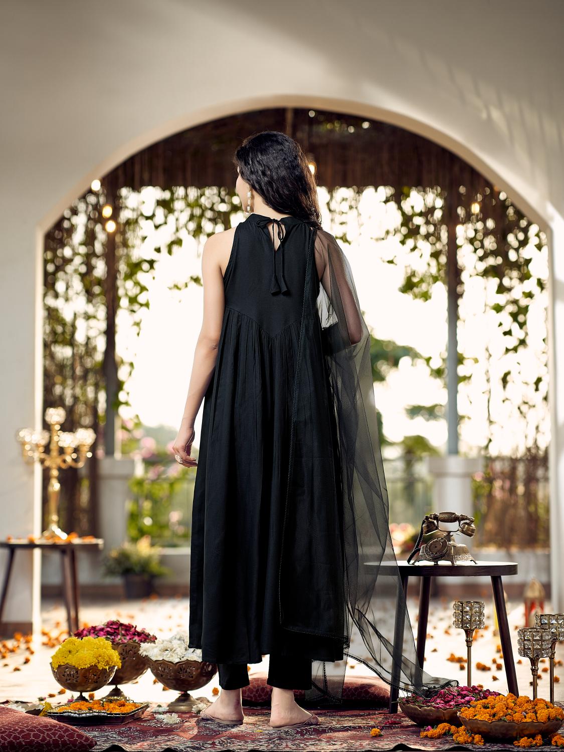 Black Halter Neck Gathered Rayon Kurta Set With Yoke Embroidery